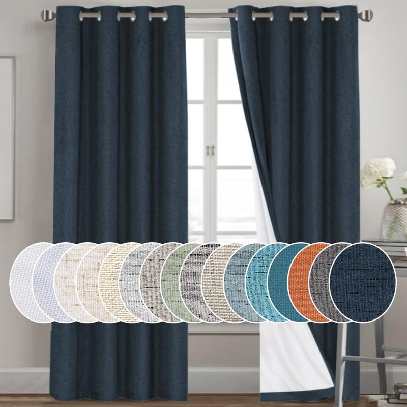 PrinceDeco Primitive Textured Linen 100% Blackout Curtains for Bedroom/Living Room Energy Saving Window Treatment Curtain Drapes, Burlap Fabric with White Thermal Insulated Liner (52 x 96 Inch, Navy) - Image 1